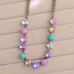 Turquoise, Lilac Purple Opal AB + Champagne Topaz Antique Brass Crystal Necklace